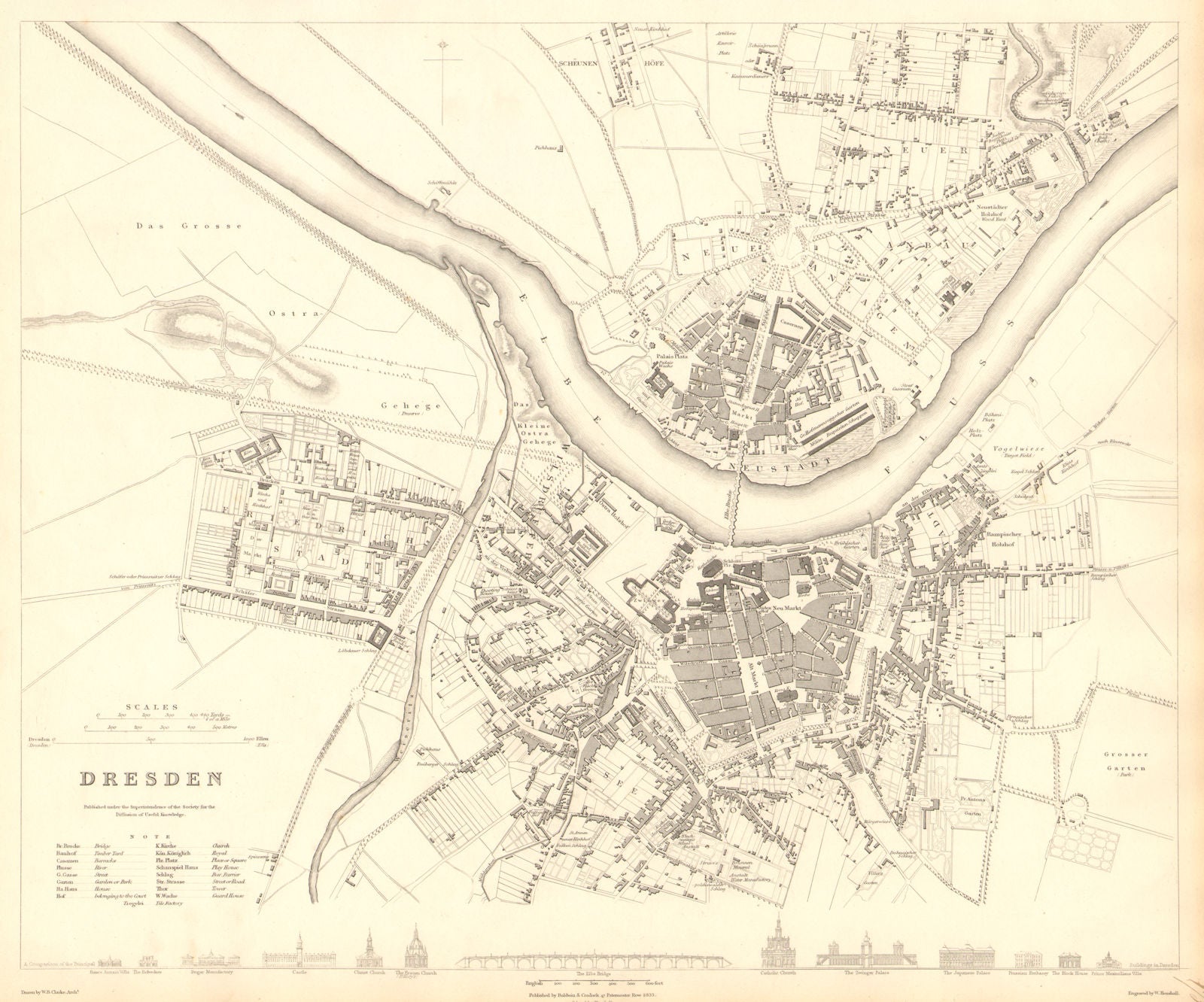 DRESDEN. Antique town city map plan. SDUK 1848 old chart